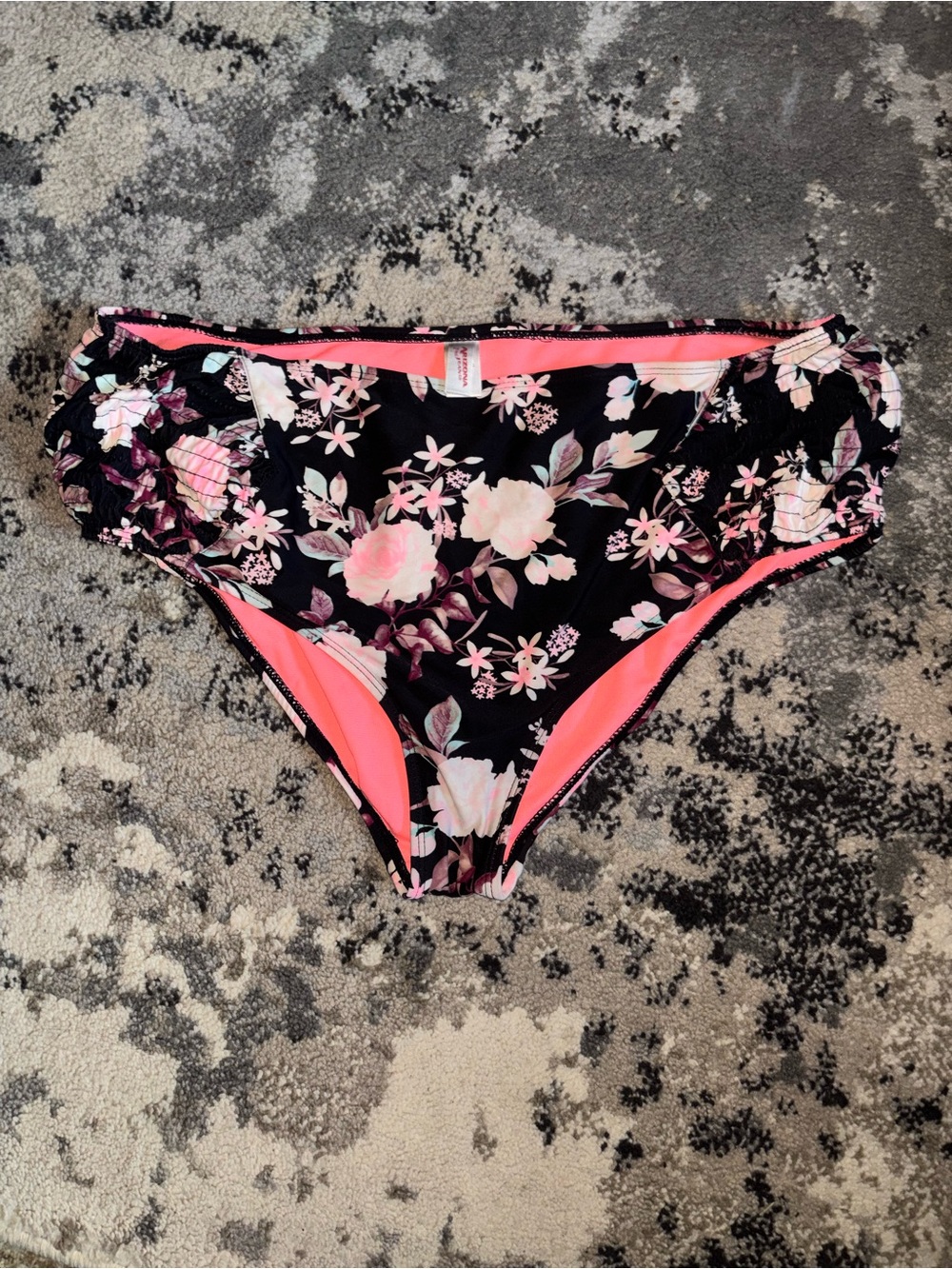 Floral Black & Pink Ruffle-Side Bikini Bottom